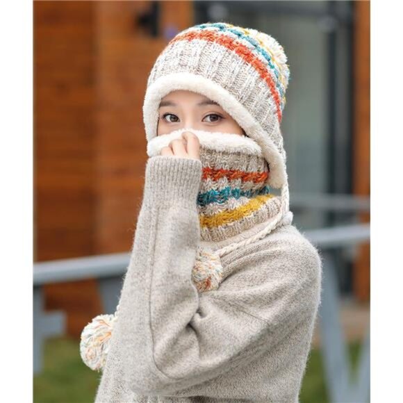 Women Winter Beanie Hat Circle Scarf Set Beige - Picture 7 of 7